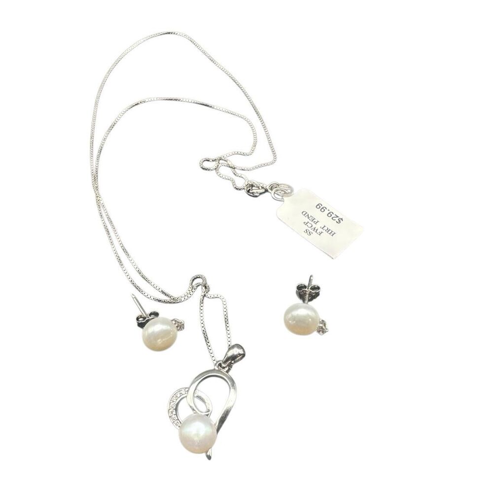 HELZBERG CHAIN HEART PENDANT Cz DIAMONDS & FRESHWATER CULTURED PEARL 925 STERLIN